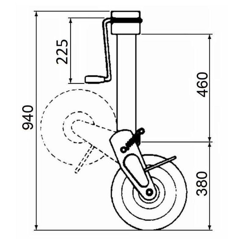 Lightweight jockey wheel with side handle and locking spring